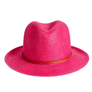 A bright pink Summer Hat with a subtle weave texture, made from 100% textured paper, and featuring a thin brown band around the base of the crown by Travaux en Cours. The hat has a slightly creased top and a medium brim.