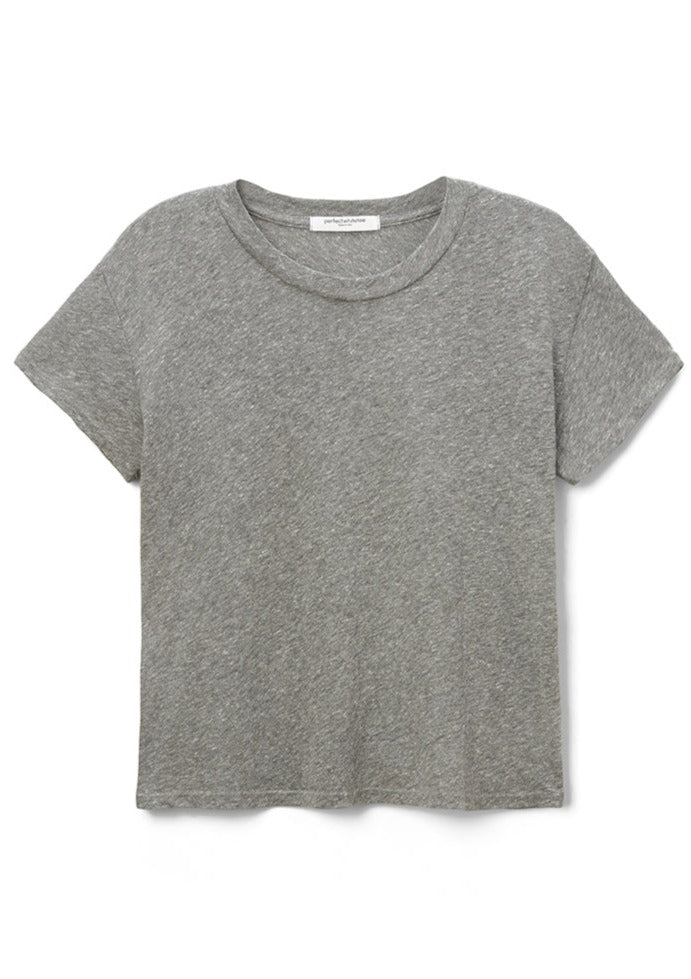 A plain gray T-shirt is displayed against a white background. The shirt has short sleeves, a round neckline, and a relaxed, casual fit. Ideal as a layering piece, it features one of your favorite cuts from the Harley Boxy Crew in Multiple Colors collection by perfectwhitetee.