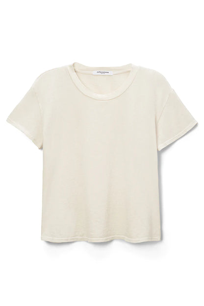 A plain white, short-sleeved T-shirt with a round neckline is displayed against a white background. The Harley Boxy Crew in Multiple Colors by perfectwhitetee has a relaxed fit and a slightly textured fabric, making it the perfect white tee for layering or wearing as one of your favorite cuts.