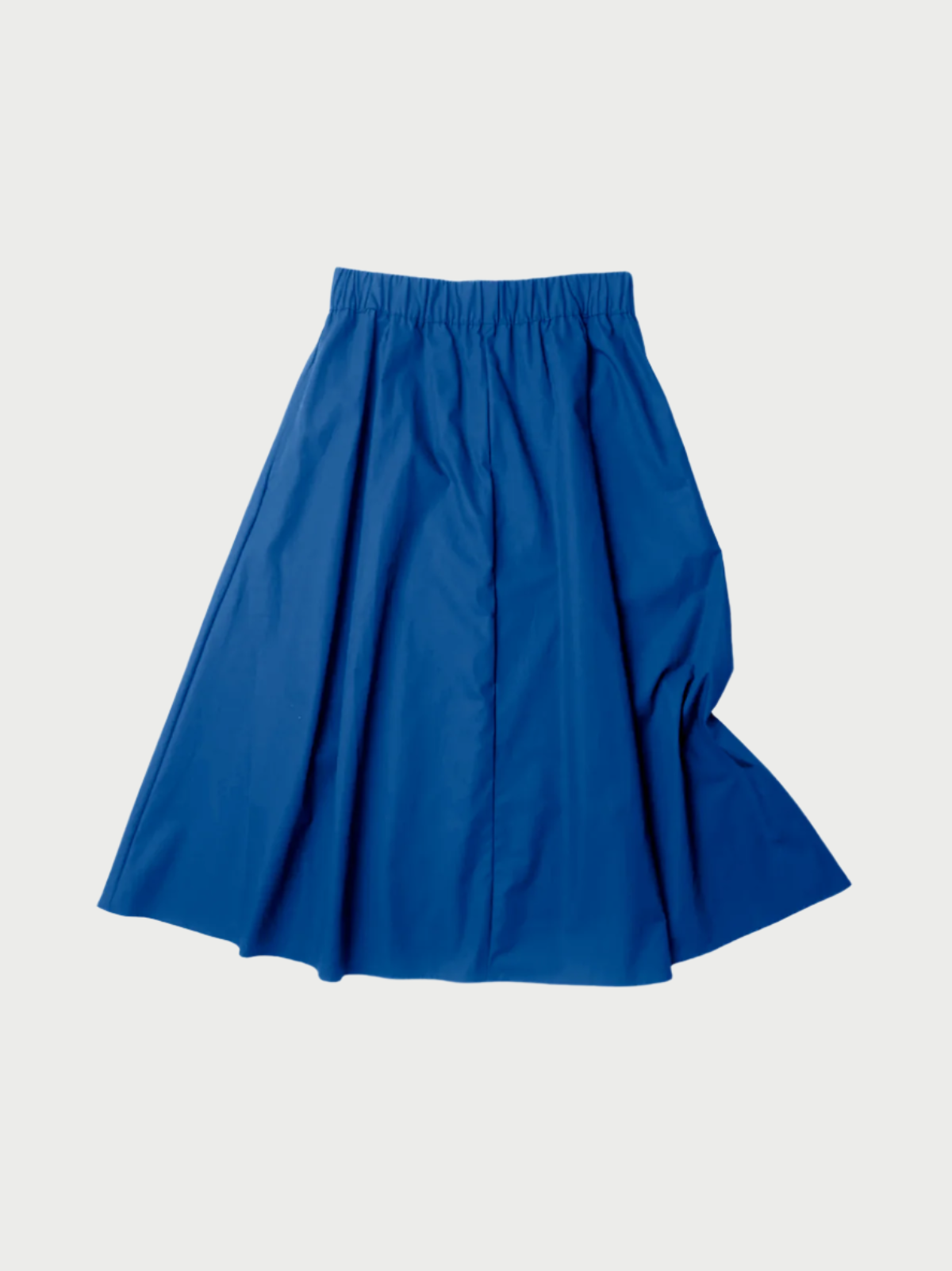 The AqC Le Skirt, in bright blue taffeta, features side pockets and an elastic waistband. It has a knee-length and subtle pleat design with a slightly full silhouette, displayed flat on a light gray background.