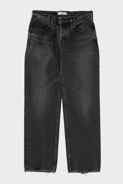 The Iona Straight Jeans by Moussy, a pair of black low-rise straight-leg jeans with a faded finish and raw, frayed hems, are laid flat on a light surface. This non-stretch denim design includes front and back pockets with visible stitching.