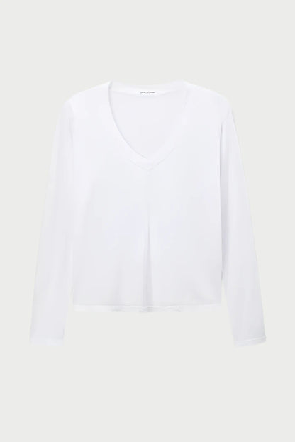 The Jimi Long Sleeve V Neck Tee, a plain white long-sleeve V-neck shirt, is displayed against a white background. This perfectwhitetee has a simple design with no visible patterns or logos.