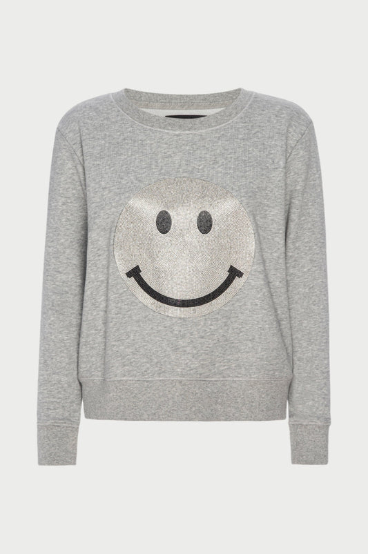 Introducing the Happiness Pullover by Le Superbe: a gray sweatshirt made from ultra-soft cotton, featuring a large sequined smiley face on the front.