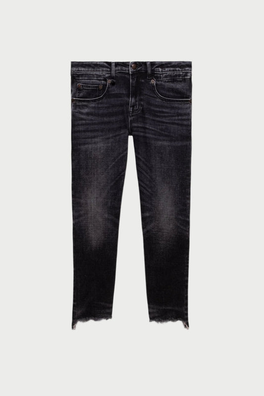 The Boy Straight Jeans in Black by R13 showcase a classic five-pocket design and frayed hems, offering a slightly faded look. These cropped straight jeans are displayed laid flat against a light background, highlighting their timeless appeal.