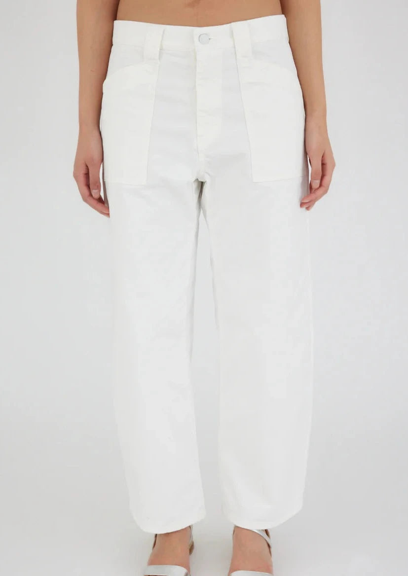 Person modeling white high-waisted Rancho Gusset Cargo Pant by Moussy with a button and zipper closure. The non-stretch fabric pants feature two vertical front pockets and the model is standing against a plain white background.