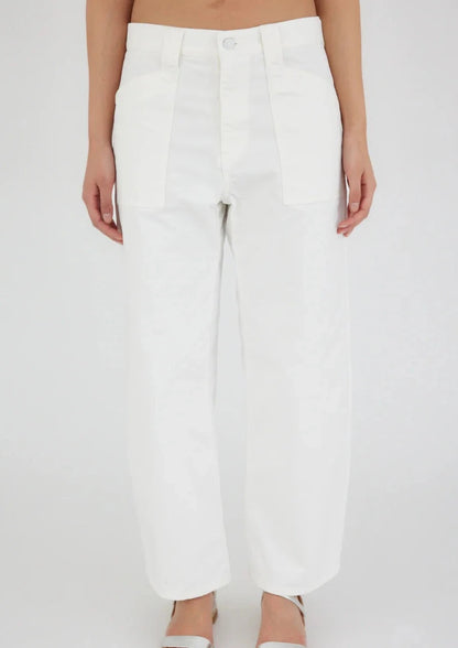 Person modeling white high-waisted Rancho Gusset Cargo Pant by Moussy with a button and zipper closure. The non-stretch fabric pants feature two vertical front pockets and the model is standing against a plain white background.