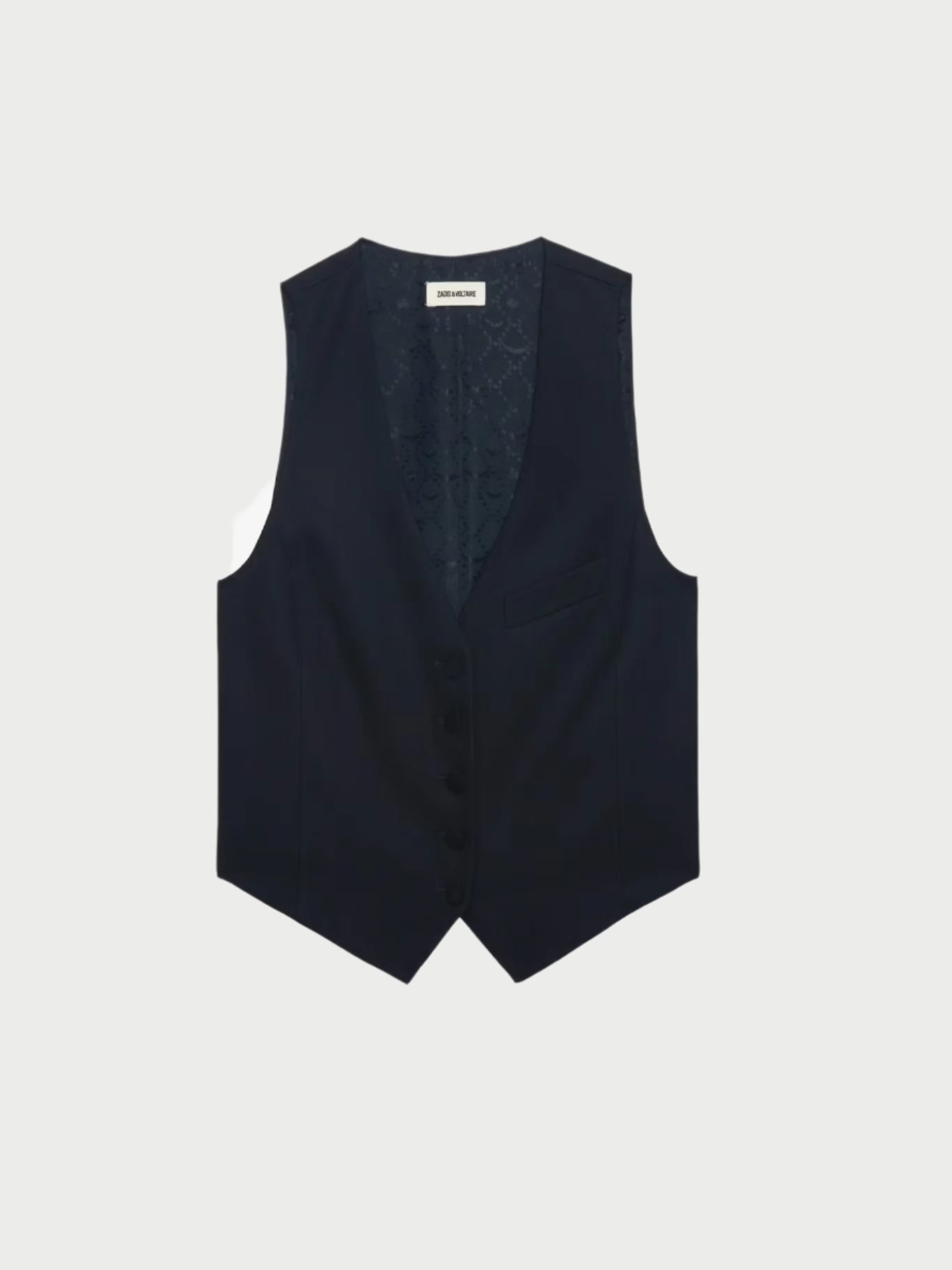 This Tailored Vest by Zadig & Voltaire is a classic wool piece with five buttons, a subtle patterned lining, and a single breast pocket. Its sleeveless V-neck design stands out elegantly against a light gray background.