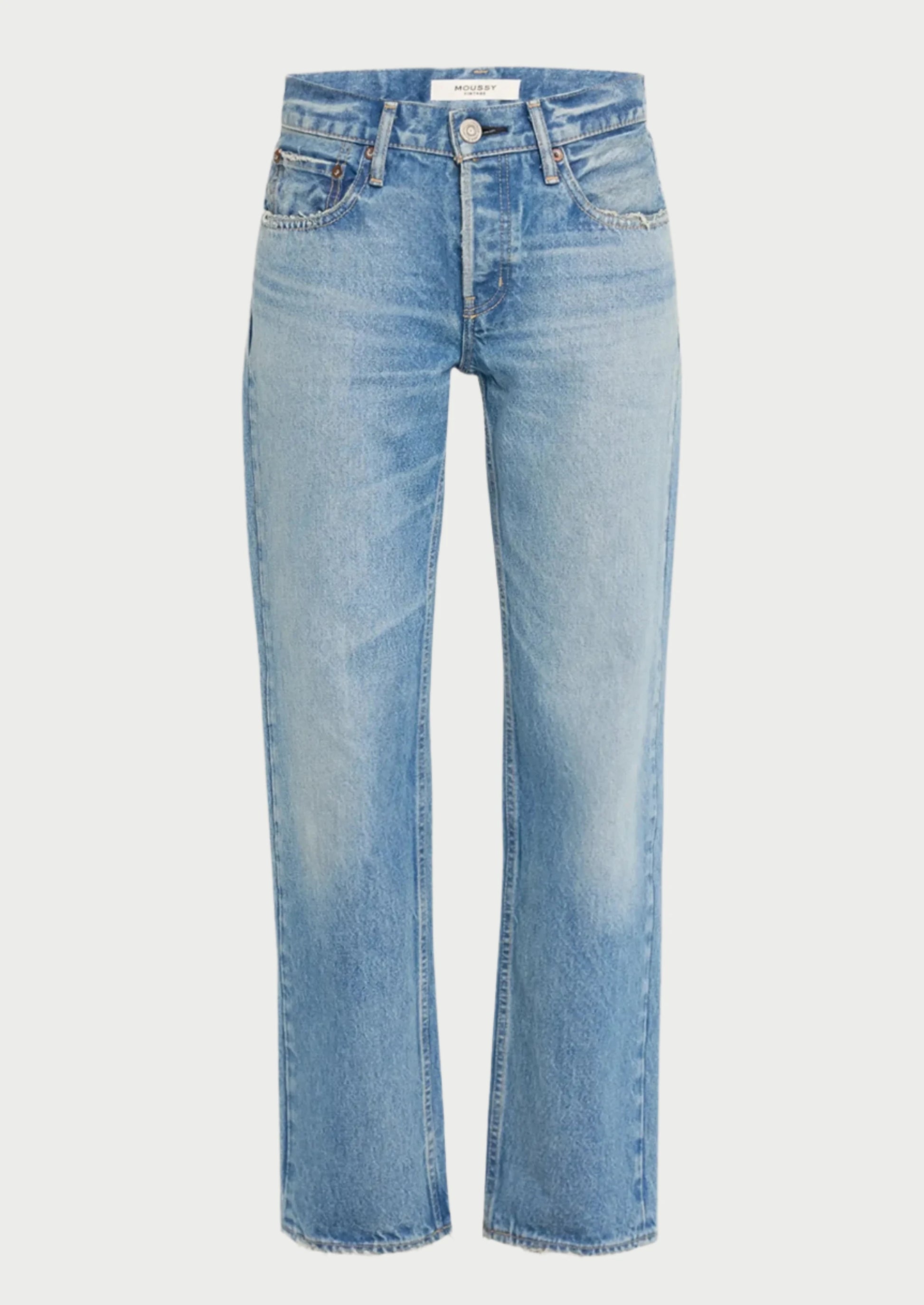 A front view of the Cheval Straight-Low Jeans by Moussy in light-wash denim, showcasing their low-rise design with a button closure, front pockets, and a classic straight-leg cut.