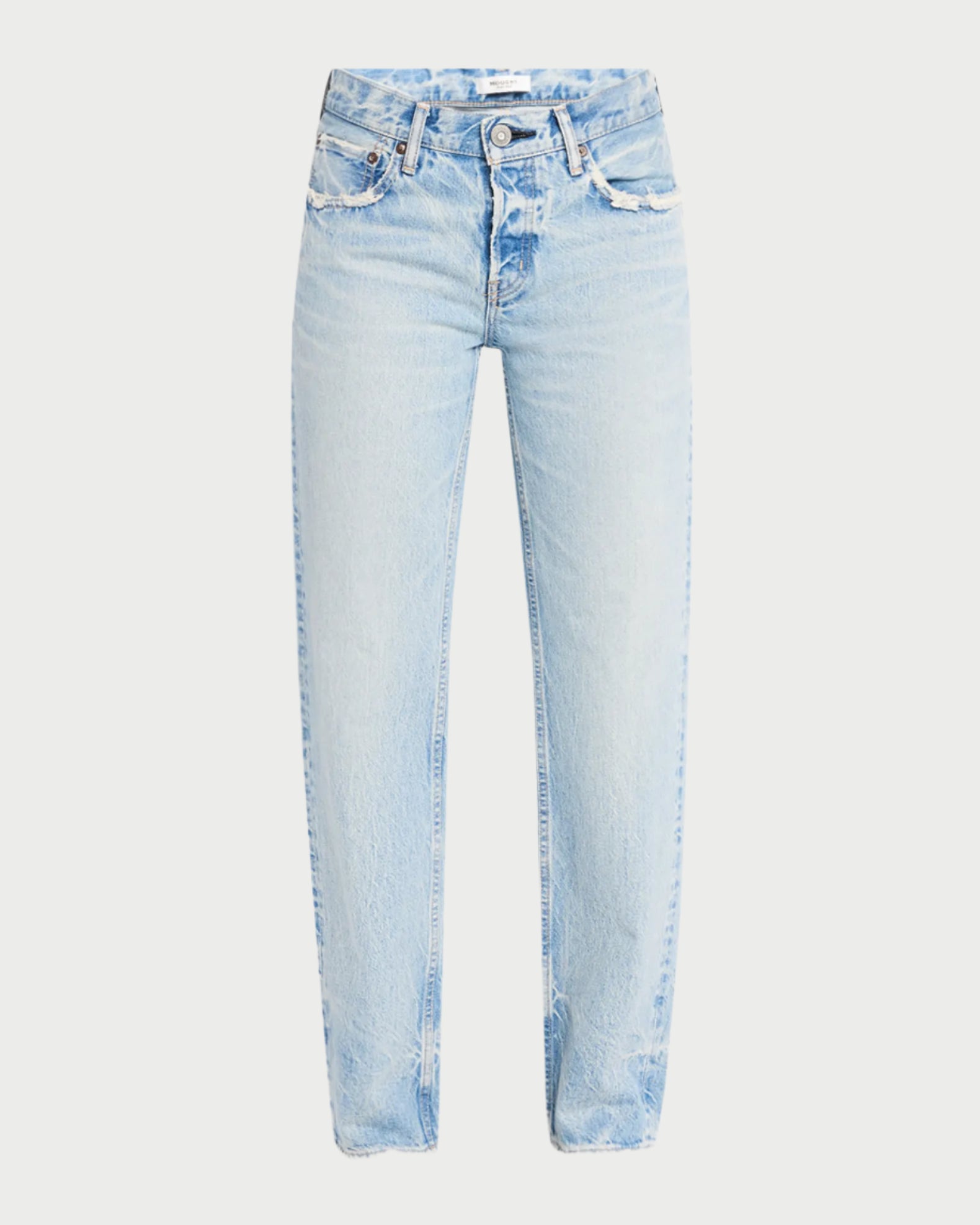 The Wildwood Straight Leg Jeans by Moussy are light blue, faded denim with a distressed look. Featuring a five-pocket design, vintage-style edge wear, full length, and a button-zipper closure.