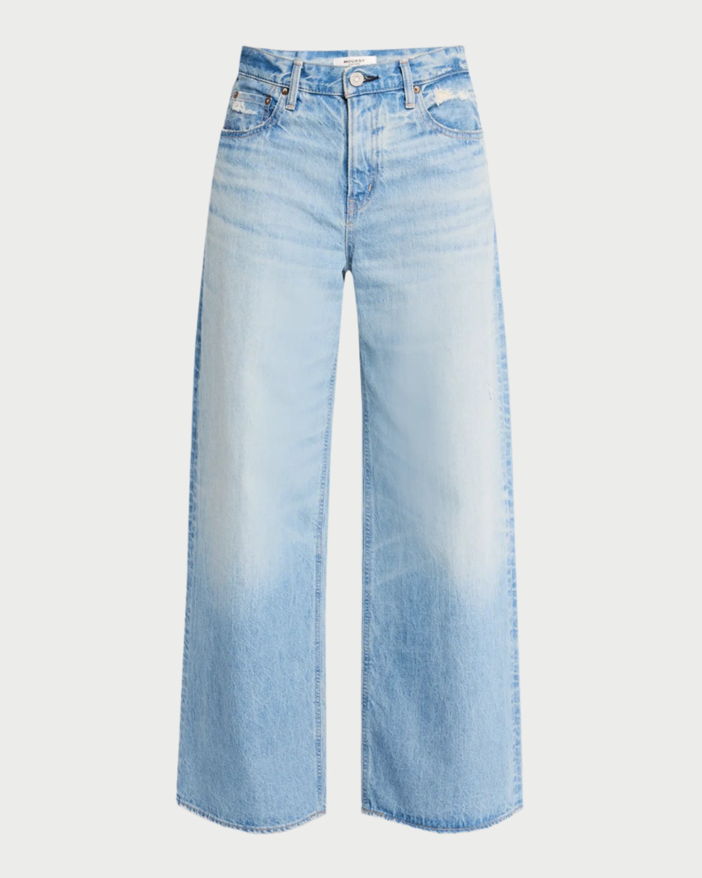 The Lowell Super Wide jeans by Moussy are high-rise, wide-leg, and light blue. Made from responsibly sourced cotton, they feature a classic five-pocket design and button closure with a stylish faded wash effect on the front and thighs.