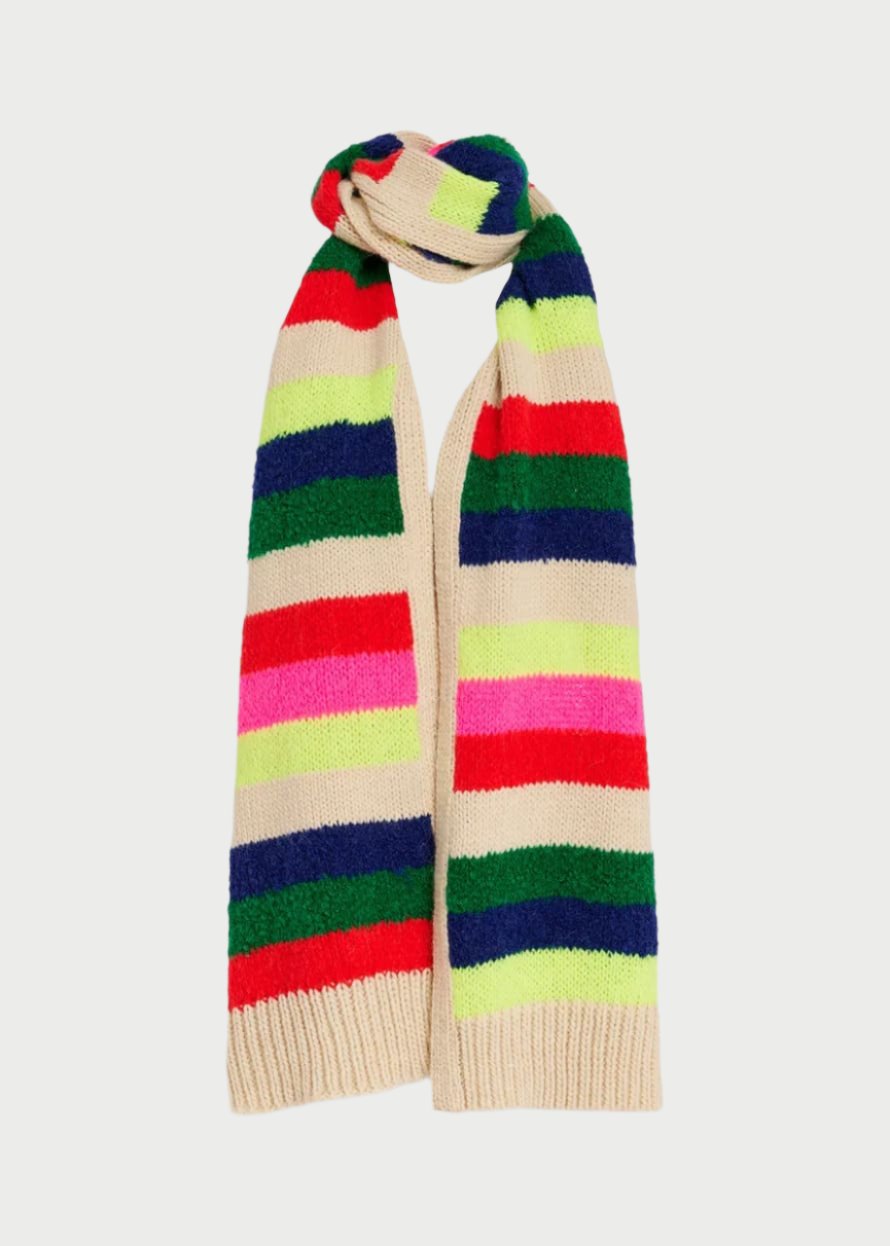 The Garis Knitted Scarf by Essentiel Antwerp is a heavyweight knit accessory featuring thick horizontal stripes in a vibrant array of colors, including red, pink, neon yellow, green, navy blue, and beige. Made from a luxurious blend that offers a cozy and textured appearance, this scarf is displayed laid flat against a plain white background.