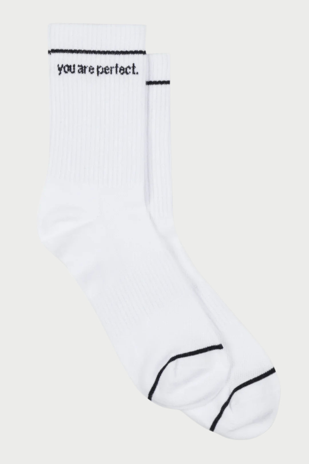 These breathable cotton socks by perfectwhitetee feature black trim on the toes and cuffs, with "you are perfect." printed in small black letters at the top. They make an ideal gift for someone special.