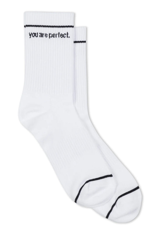 These breathable cotton socks by perfectwhitetee feature black trim on the toes and cuffs, with "you are perfect." printed in small black letters at the top. They make an ideal gift for someone special.