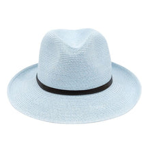 Load image into Gallery viewer, A light blue, wide-brimmed *Summer Hat* from *Travaux en Cours*, featuring a black band around the base of the crown and made from 100% textured paper, is shown against a white background.