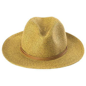 A tan, woven straw Summer Hat with a wide brim and a brown leather band encircling the crown. This textured Summer Hat from Travaux en Cours features visible texture details and a slightly pinched top, perfect for sunny days.