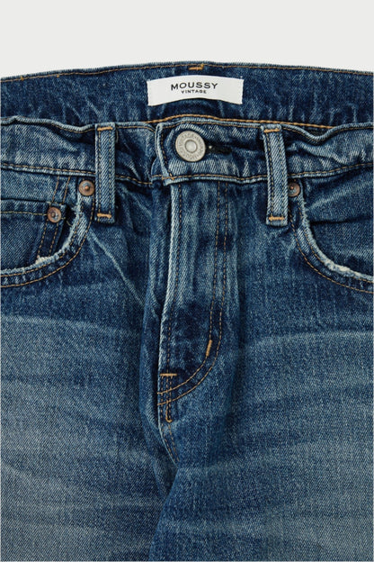 Close-up of blue mid-rise Florahome Slim Straight Jeans by Moussy, featuring a metal button and a "Moussy" label on the waistband. The jeans have a distressed, faded look, perfect for the fall transition, with visible stitching and front pockets.