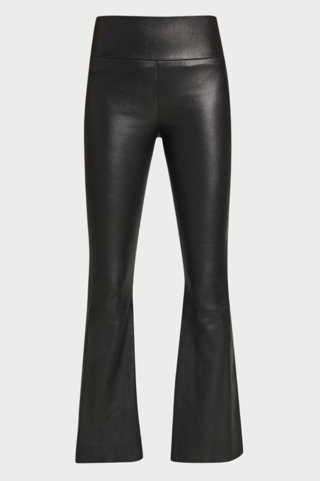 SPRWMN Leather Crop Flare Pants with a high-waisted design are showcased against a plain white background.